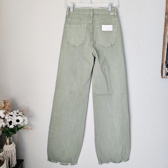 RISEN High Rise Wide Leg Olive Denim Jeans Classic Frayed Hem Size 1/25 NEW - Picture 9 of 15